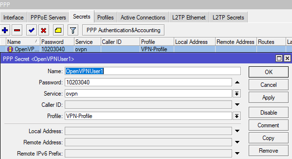 Настройка OpenVPN MikroTik, добавление учетной записи для OpenVPN пользователя